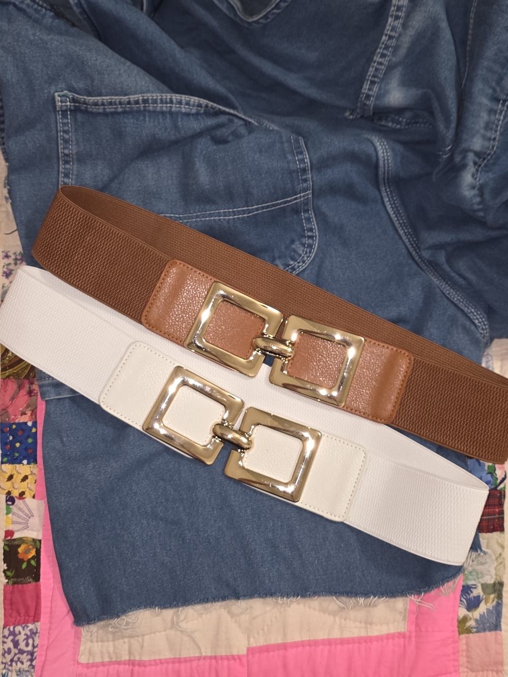Plus Women’s Wide Elastic Belt with Gold Buckle - Brown & White